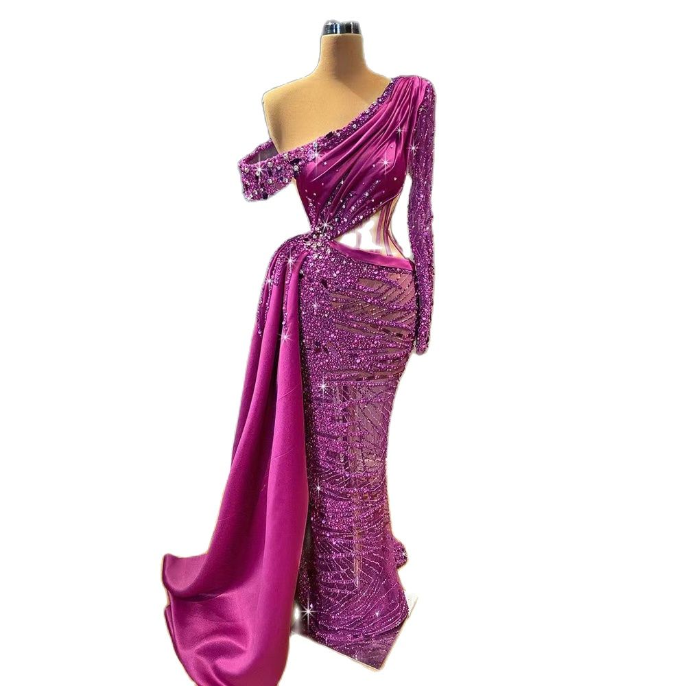 Vestido de noche morado con corte sirena, sexy, de un solo hombro, mangas largas y cuentas, para mujer, fiesta 2025 LA71821