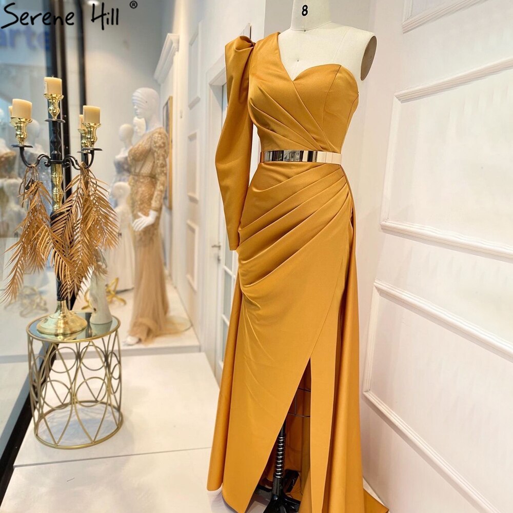 Rose Simple Satin Sexy Evening Dresses Gowns 2025 One Shoulder A-Line High Split For Women Party LA70876
