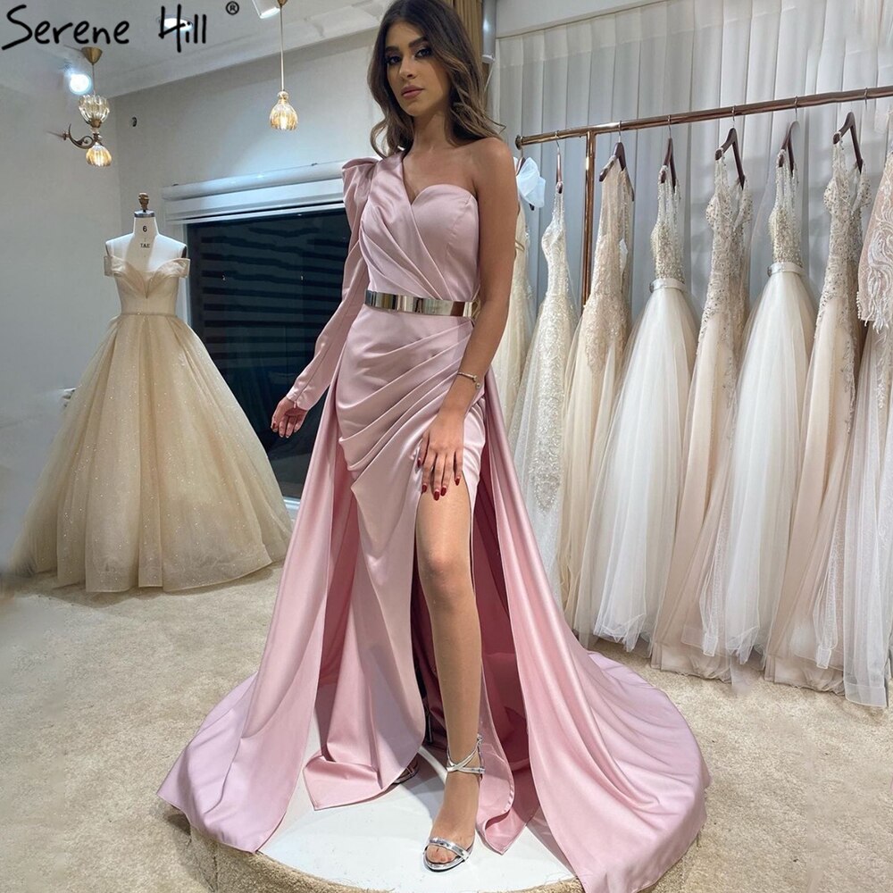 Rose Simple Satin Sexy Evening Dresses Gowns 2025 One Shoulder A-Line High Split For Women Party LA70876