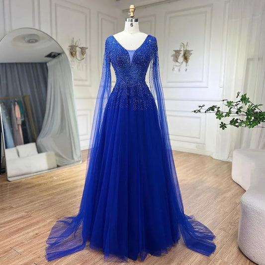 Vestido de noche azul rey de lujo estilo Dubái con mangas estilo capa LA72315