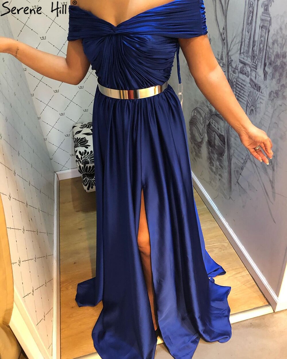 Royal Blue Simple Sartin Evening Dresses Gowns 2025 High Split A-Line Sexy For Women Party LA71301