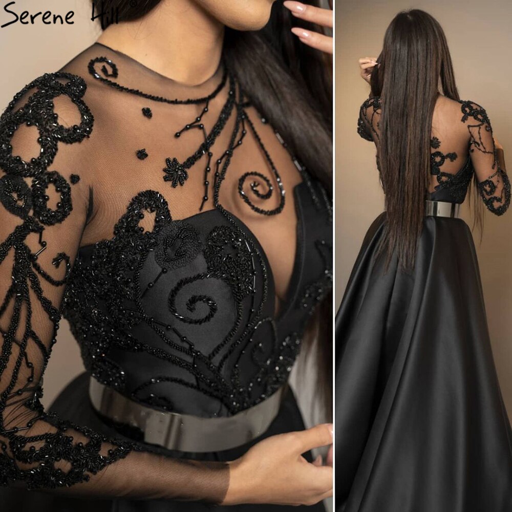Satin Black A-Line Evening Dresses Gowns 2025 Beading Sashes Sexy For Woman Party LA71139
