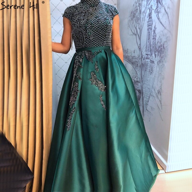 Satin Green A-Line Beading Evening Gowns 2025 Dubai High Collar Cap Sleeves Formal Dress Design LA70761
