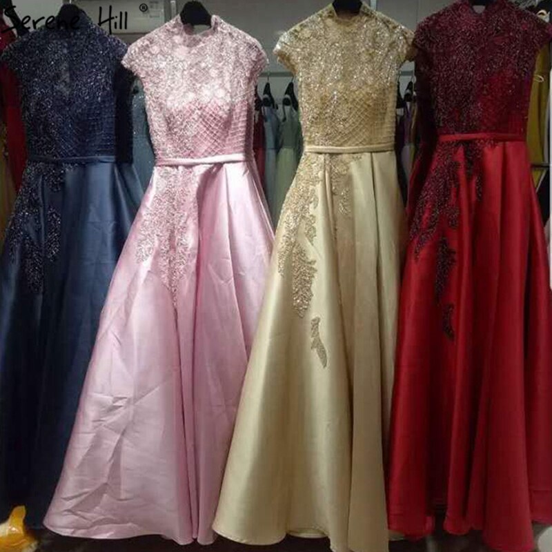 Satin Green A-Line Beading Evening Gowns 2025 Dubai High Collar Cap Sleeves Formal Dress Design LA70761