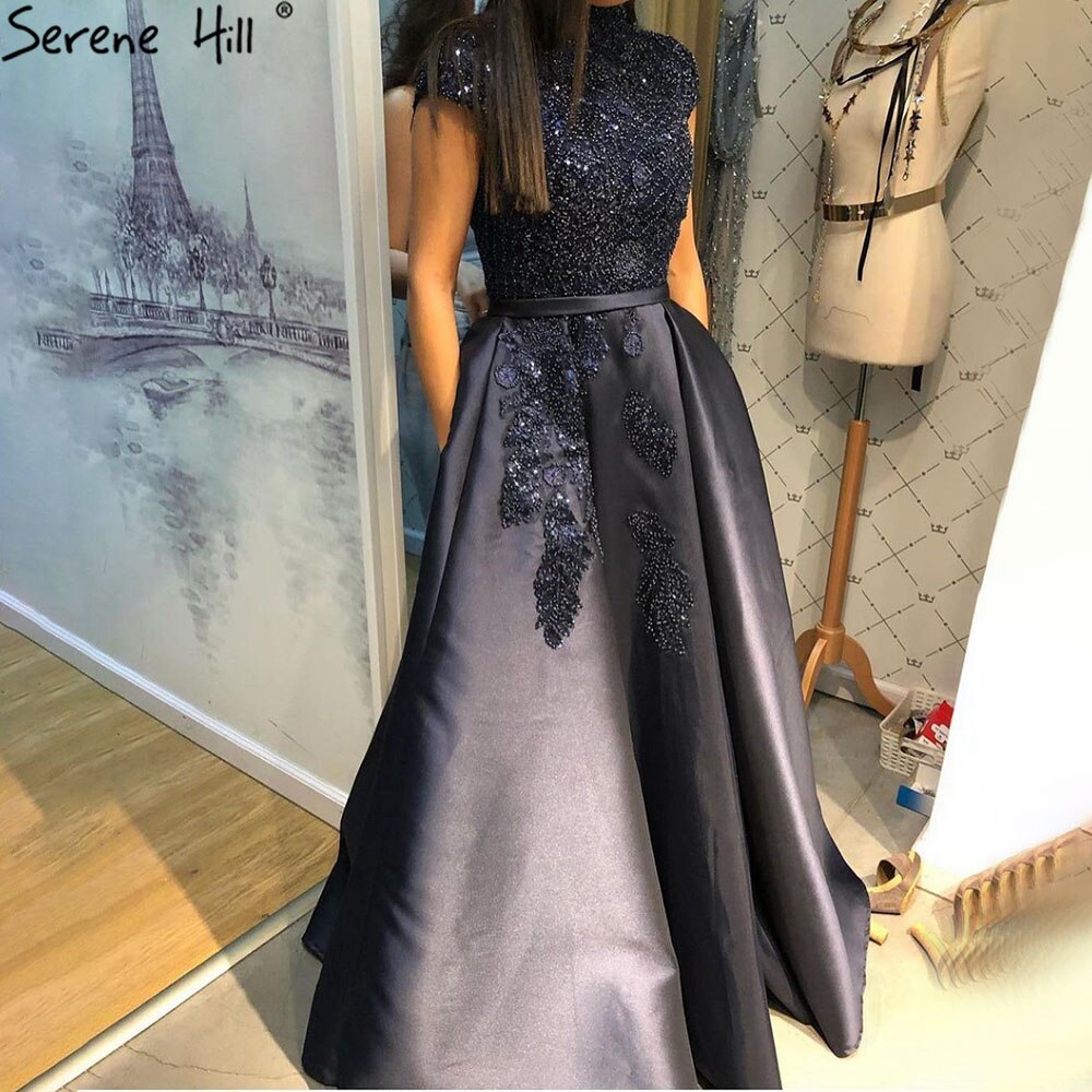 Satin Green A-Line Beading Evening Gowns 2025 Dubai High Collar Cap Sleeves Formal Dress Design LA70761