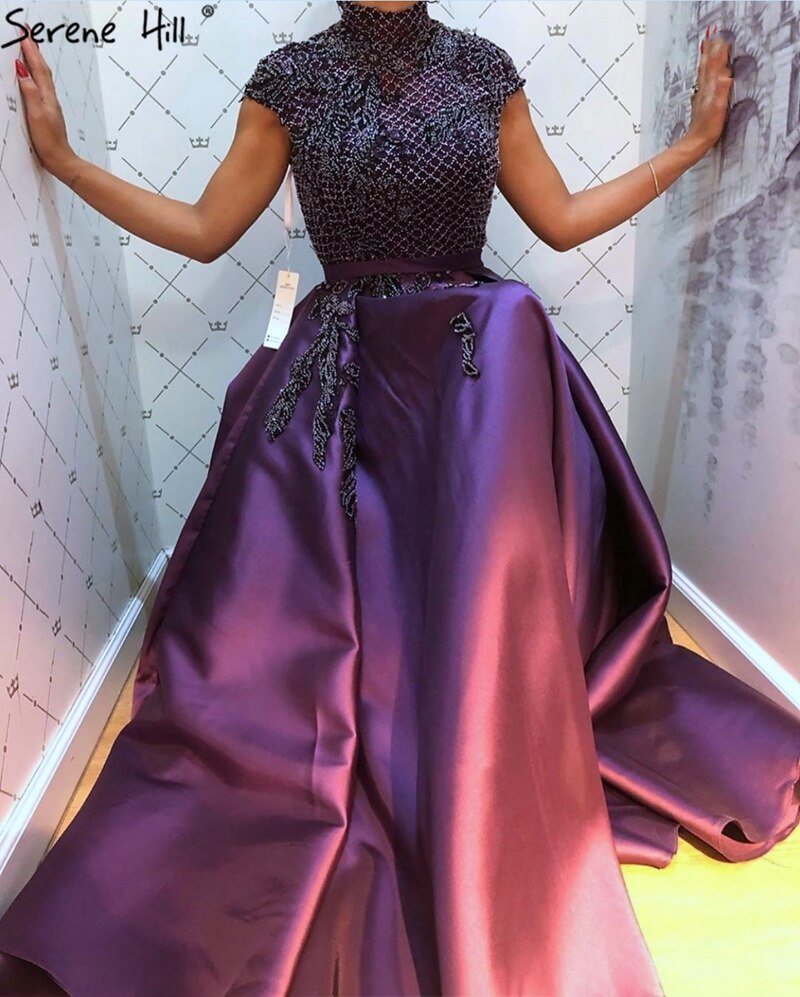 Satin Green A-Line Beading Evening Gowns 2025 Dubai High Collar Cap Sleeves Formal Dress Design LA70761