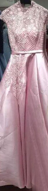 Satin Green A-Line Beading Evening Gowns 2025 Dubai High Collar Cap Sleeves Formal Dress Design LA70761