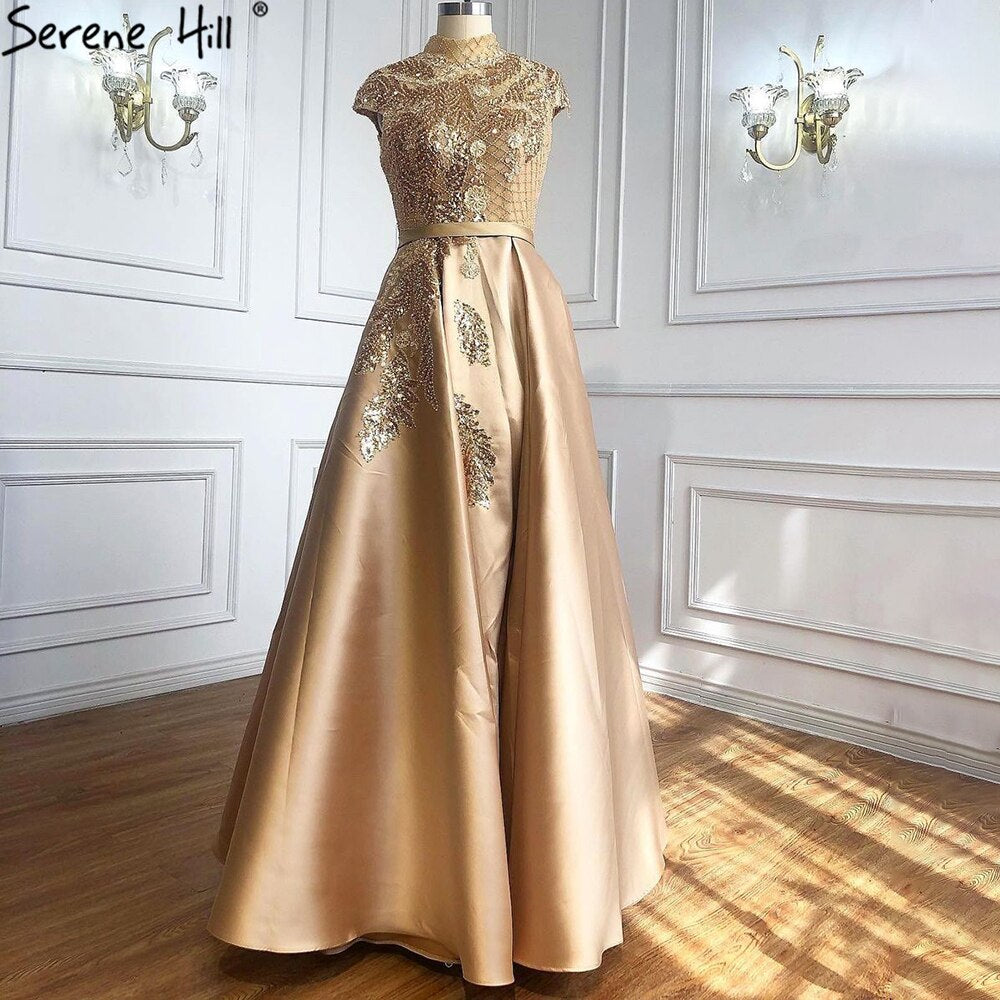 Satin Green A-Line Beading Evening Gowns 2025 Dubai High Collar Cap Sleeves Formal Dress Design LA70761