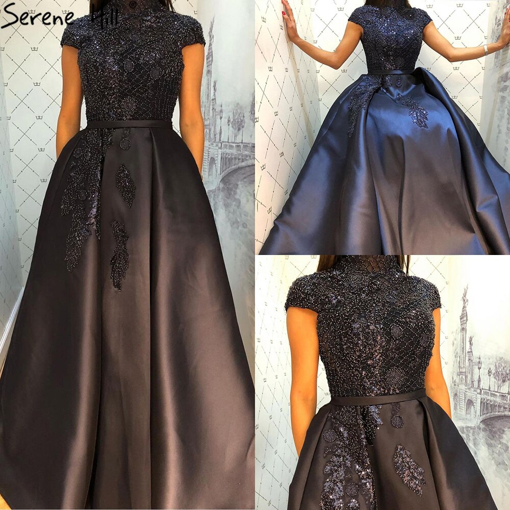 Satin Green A-Line Beading Evening Gowns 2025 Dubai High Collar Cap Sleeves Formal Dress Design LA70761
