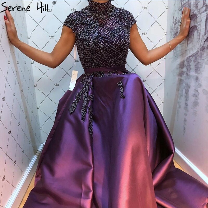 Satin Green A-Line Beading Evening Gowns 2025 Dubai High Collar Cap Sleeves Formal Dress Design LA70761