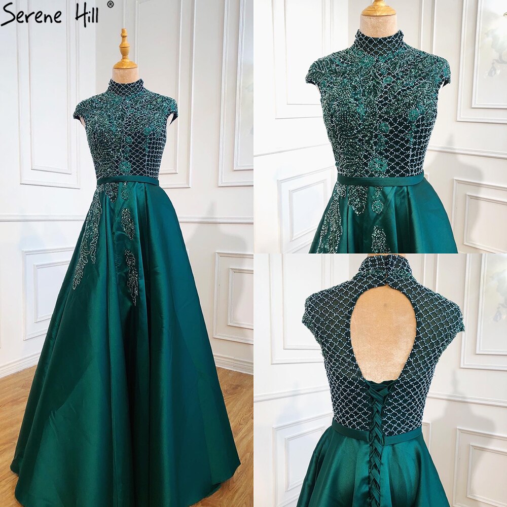 Satin Green A-Line Beading Evening Gowns 2025 Dubai High Collar Cap Sleeves Formal Dress Design LA70761