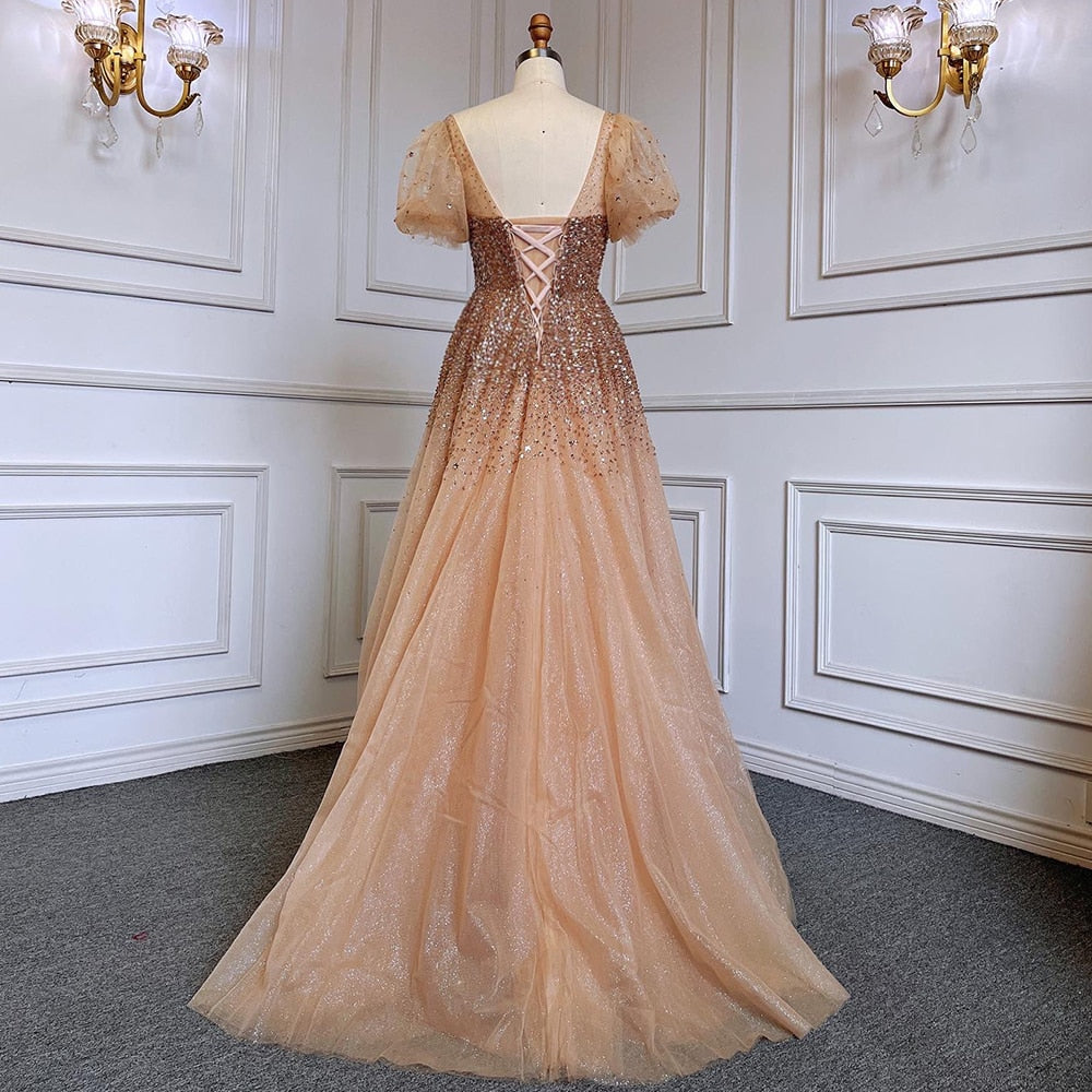 Vestidos de noche sexys dorados de corte A, de lujo, con cuentas brillantes y encaje, para mujer, fiesta, LA71153A