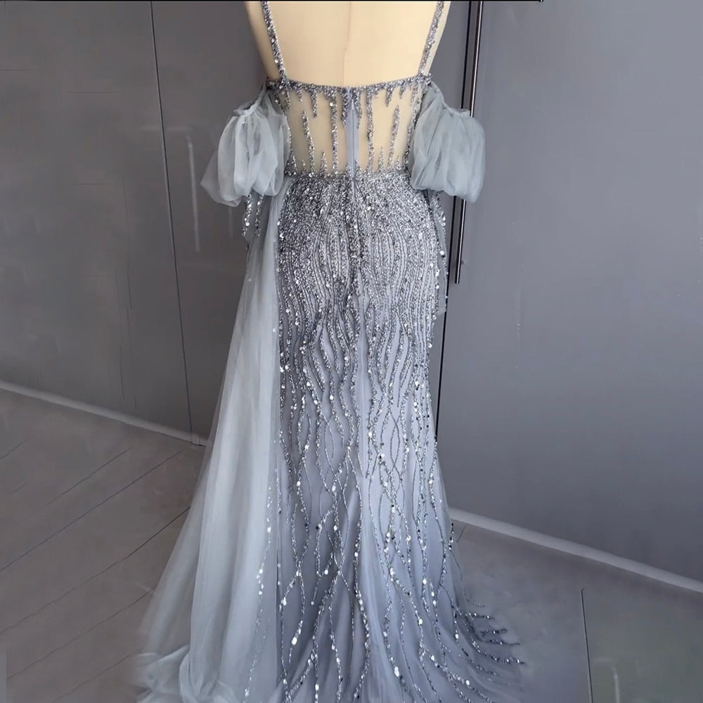 Vestido de noche sexy de sirena con mangas globo y tirantes finos, color gris, con cuentas y abertura alta, LA71571A, 2025