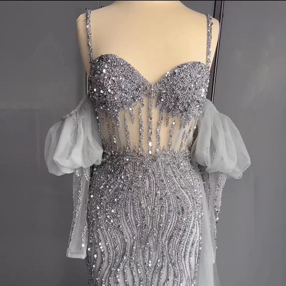 Vestido de noche sexy de sirena con mangas globo y tirantes finos, color gris, con cuentas y abertura alta, LA71571A, 2025