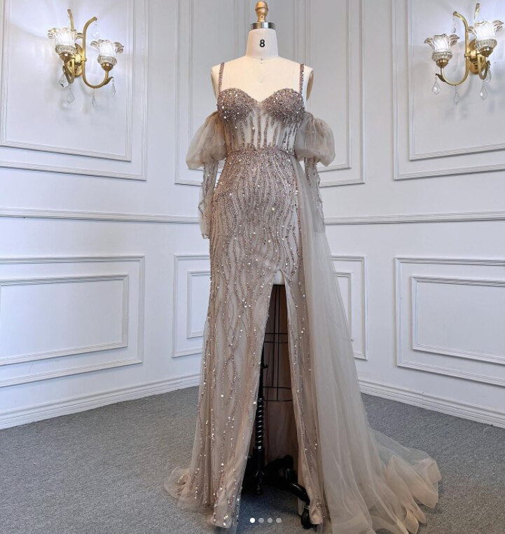 Vestido de noche sexy de sirena con mangas globo y tirantes finos, color gris, con cuentas y abertura alta, LA71571A, 2025