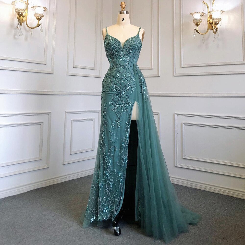 Vestido de noche árabe sexy con tirantes finos verdes y abertura alta, estilo sirena con cuentas, para mujer, fiesta, LA71568