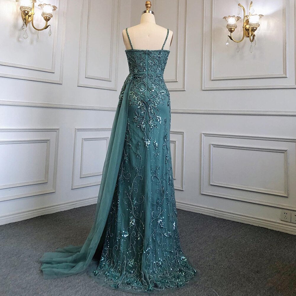 Vestido de noche árabe sexy con tirantes finos verdes y abertura alta, estilo sirena con cuentas, para mujer, fiesta, LA71568
