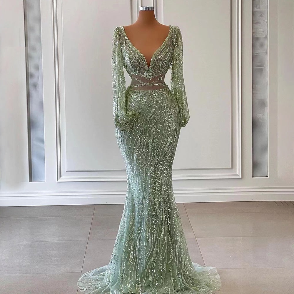 Sexy Mint Mermaid Elegante V-ausschnitt Perlen Luxus Arabisch Shiny Abendkleider Kleider Für Frauen Party 2025 LA71784