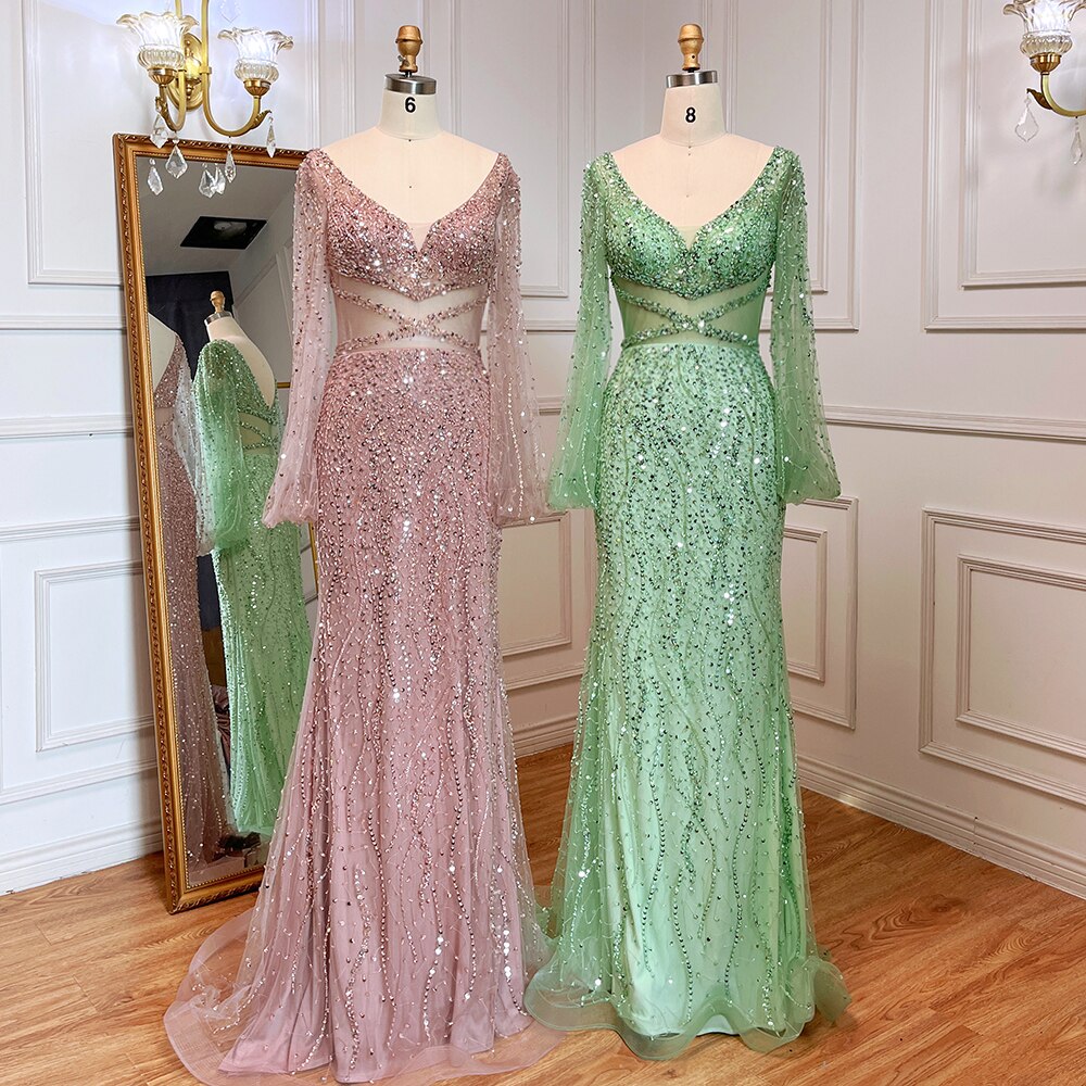 Sexy Mint Mermaid Elegante V-ausschnitt Perlen Luxus Arabisch Shiny Abendkleider Kleider Für Frauen Party 2025 LA71784