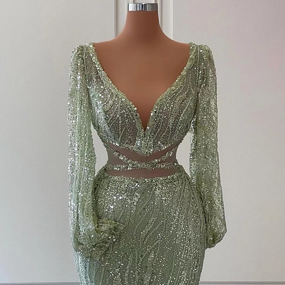 Sexy Mint Mermaid Elegante V-ausschnitt Perlen Luxus Arabisch Shiny Abendkleider Kleider Für Frauen Party 2025 LA71784