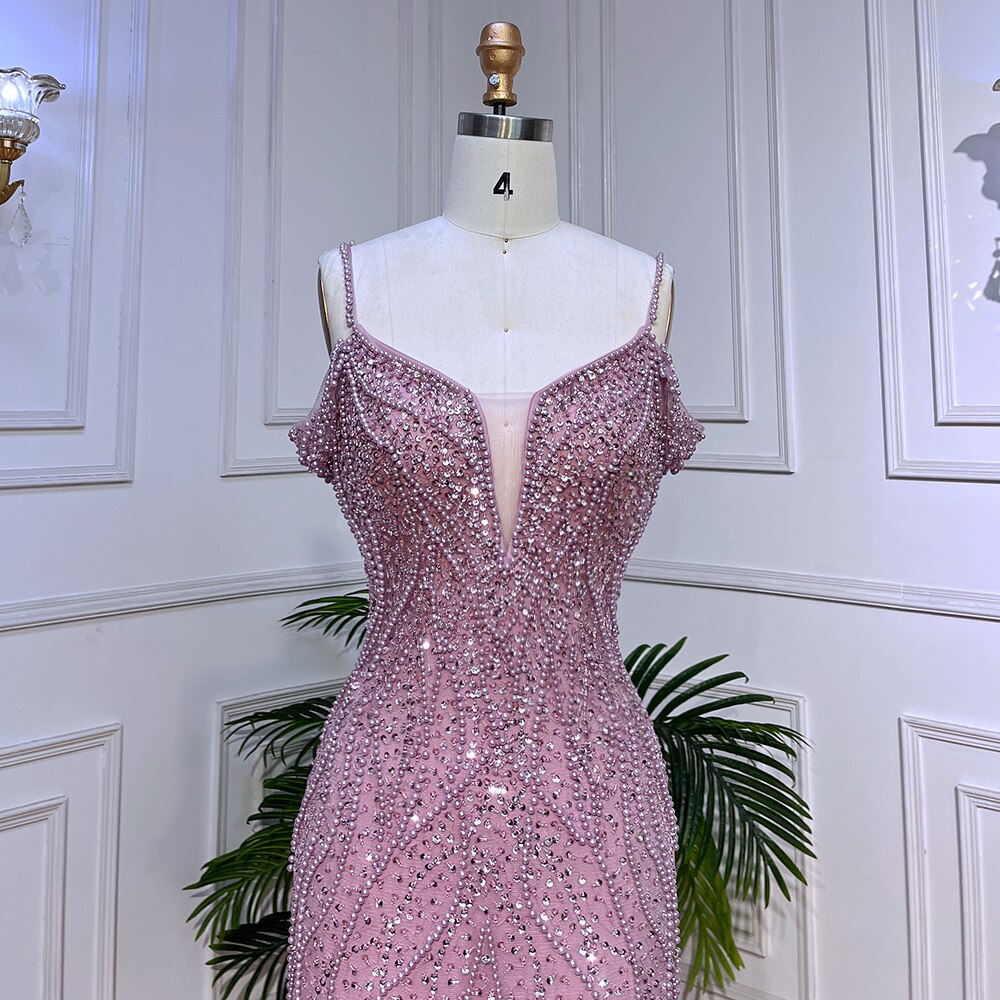 Sexy Rosa Lange Sparkly Mädchen Geburtstag Perlen Off Schulter Abendkleider 2025 Für Frau Hochzeit Party LA72020
