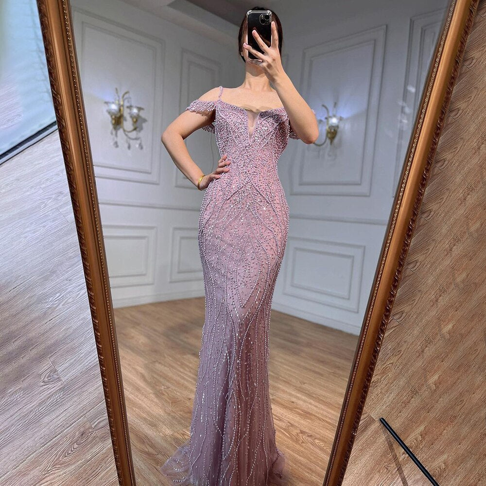 Sexy Rosa Lange Sparkly Mädchen Geburtstag Perlen Off Schulter Abendkleider 2025 Für Frau Hochzeit Party LA72020