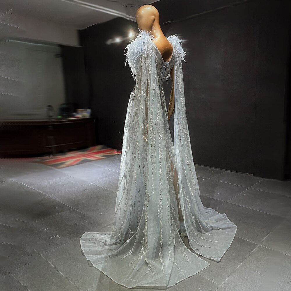 Silber Cape Ärmeln Abendkleider Kleider 2025 Perlen Feder A-Linie Luxus Für Frauen Party LA71546