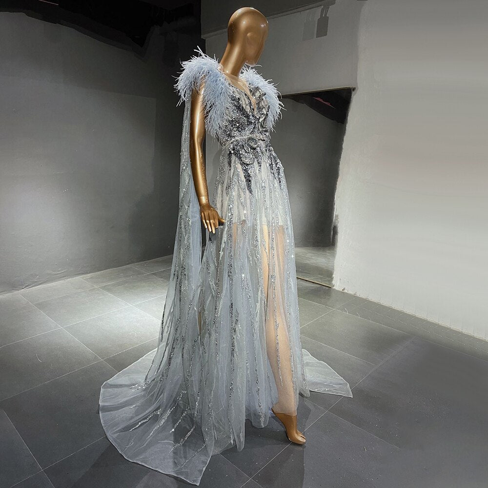 Silber Cape Ärmeln Abendkleider Kleider 2025 Perlen Feder A-Linie Luxus Für Frauen Party LA71546