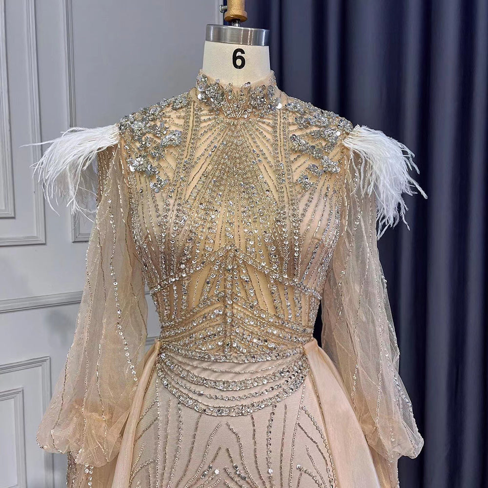 Silver Mermaid Elegant Avond Jurken 2025 Volledige Mouwen Luxe Veren Kralen Für Frauen Party LA71036A