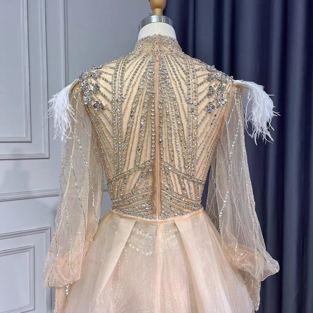Silver Mermaid Elegant Avond Jurken 2025 Volledige Mouwen Luxe Veren Kralen Für Frauen Party LA71036A
