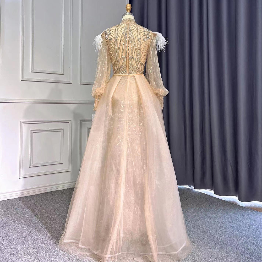 Silver Mermaid Elegant Avond Jurken 2025 Volledige Mouwen Luxe Veren Kralen Für Frauen Party LA71036A