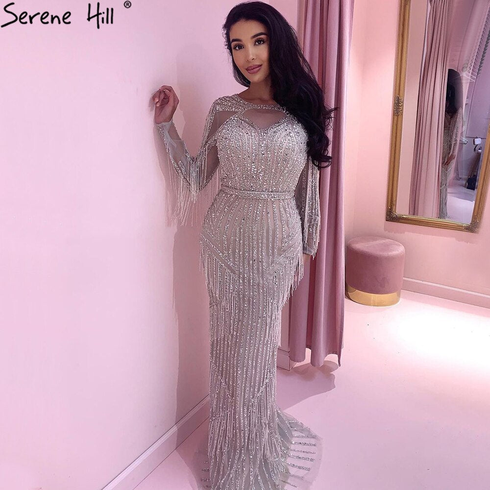 Silber Muslimischen Luxus Abendkleider Kleider 2025 Meerjungfrau Perlen Quaste Elegante Für Frau Party LA71166