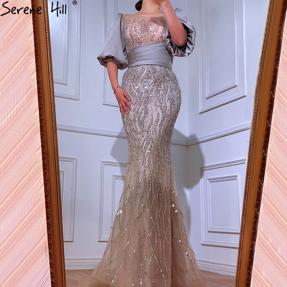 Silber Nude Luxus Meerjungfrau Perlen Abendkleider Kleider Puffärmeln Elegant Für Frauen Party LA70809