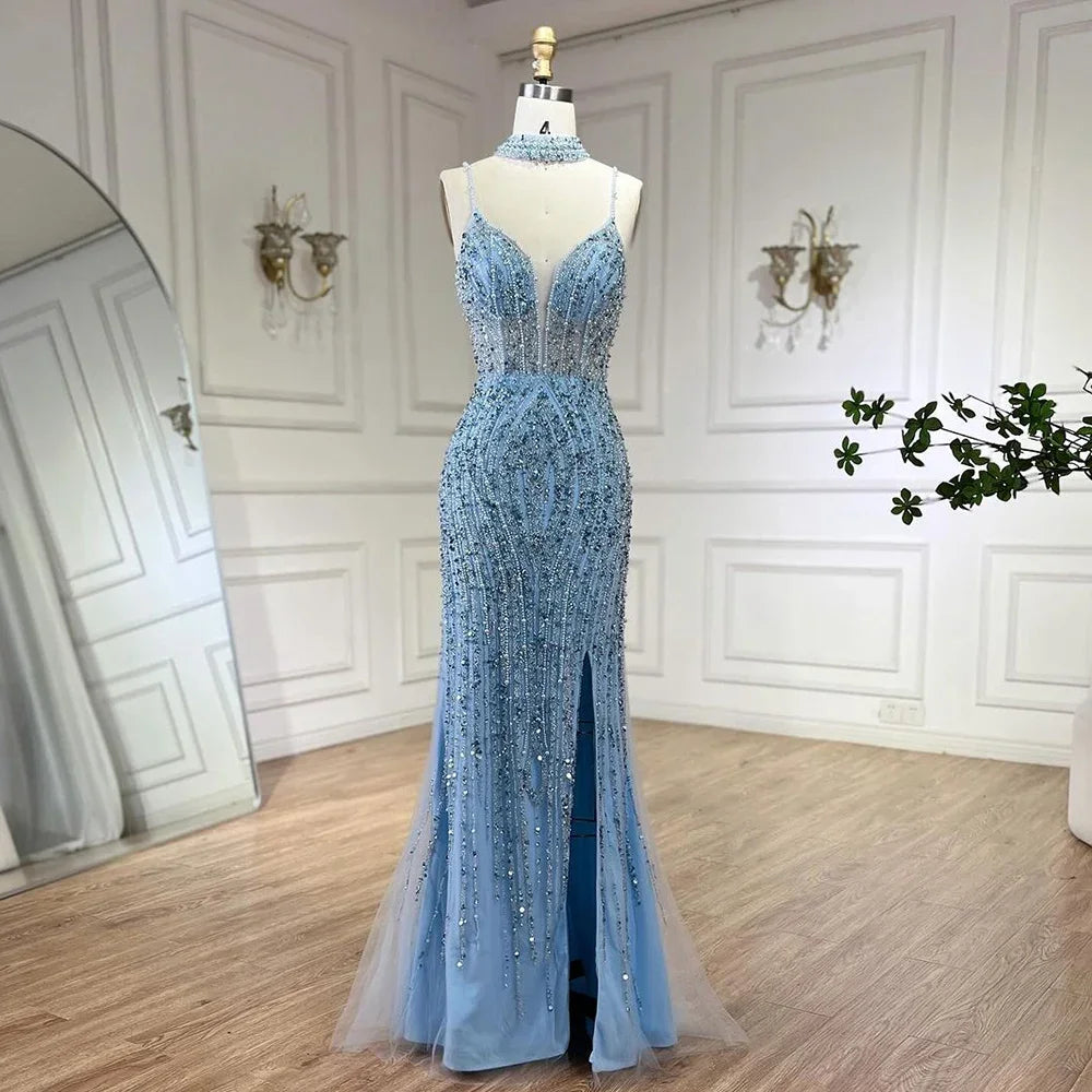 Silber Nude Meerjungfrau Spaghetti mit geteiltem Riemen Perlen Abendkleider Ballkleider Für Frau Party 2025 LA72047B