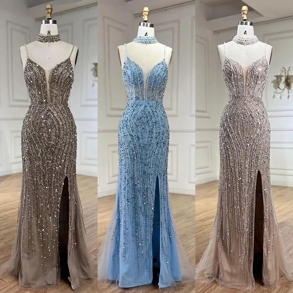 Silber Nude Meerjungfrau Spaghetti mit geteiltem Riemen Perlen Abendkleider Ballkleider Für Frau Party 2025 LA72047B