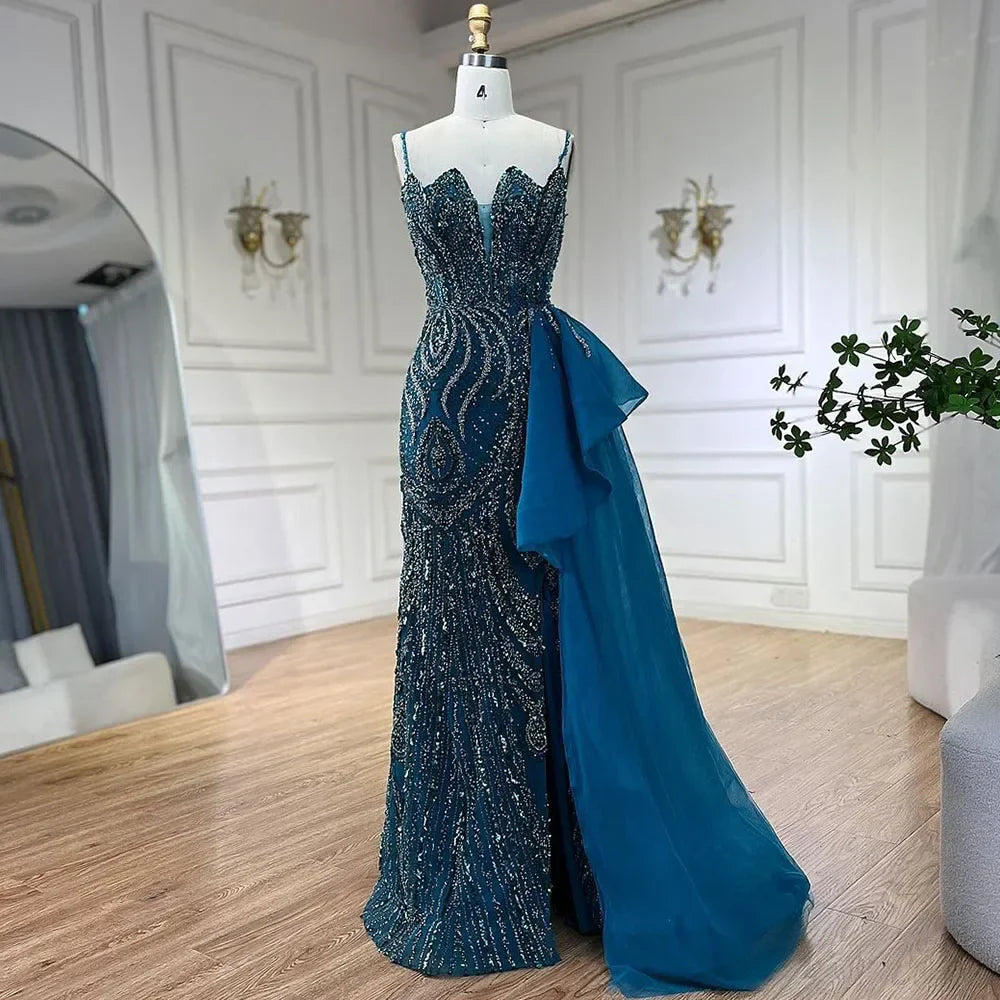 Himmelblau Spaghetti Strap Luxus Abendkleider Kleider 2025 Meerjungfrau Perlen Elegante Überrock Für Frauen Party LA72378