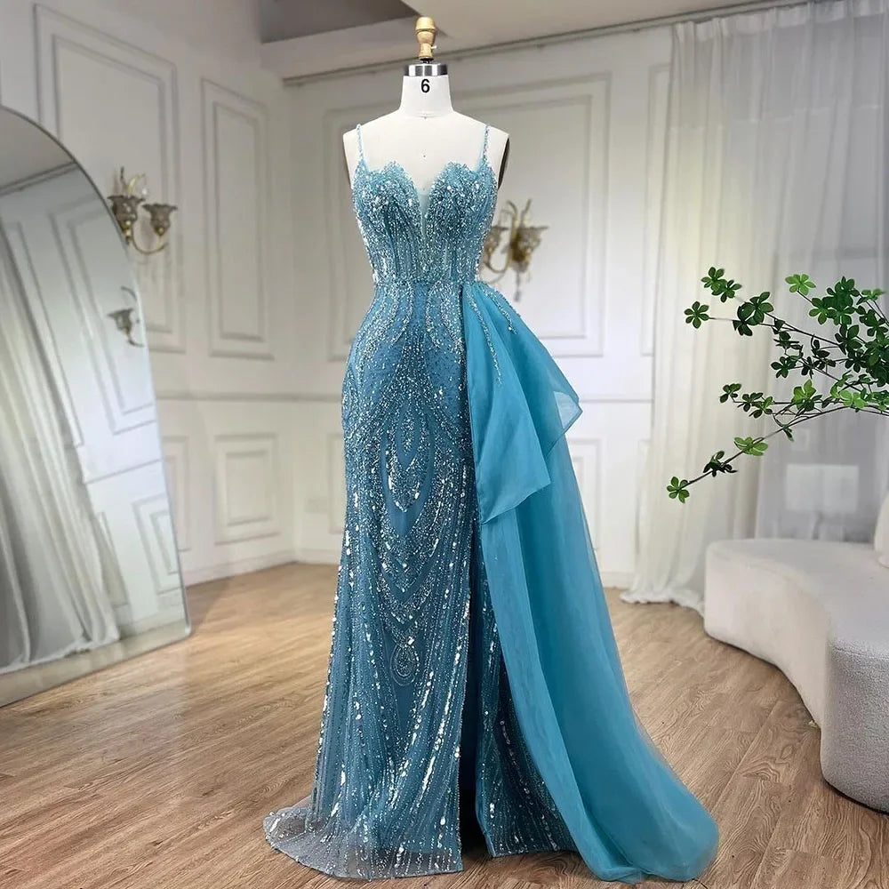 Himmelblau Spaghetti Strap Luxus Abendkleider Kleider 2025 Meerjungfrau Perlen Elegante Überrock Für Frauen Party LA72378