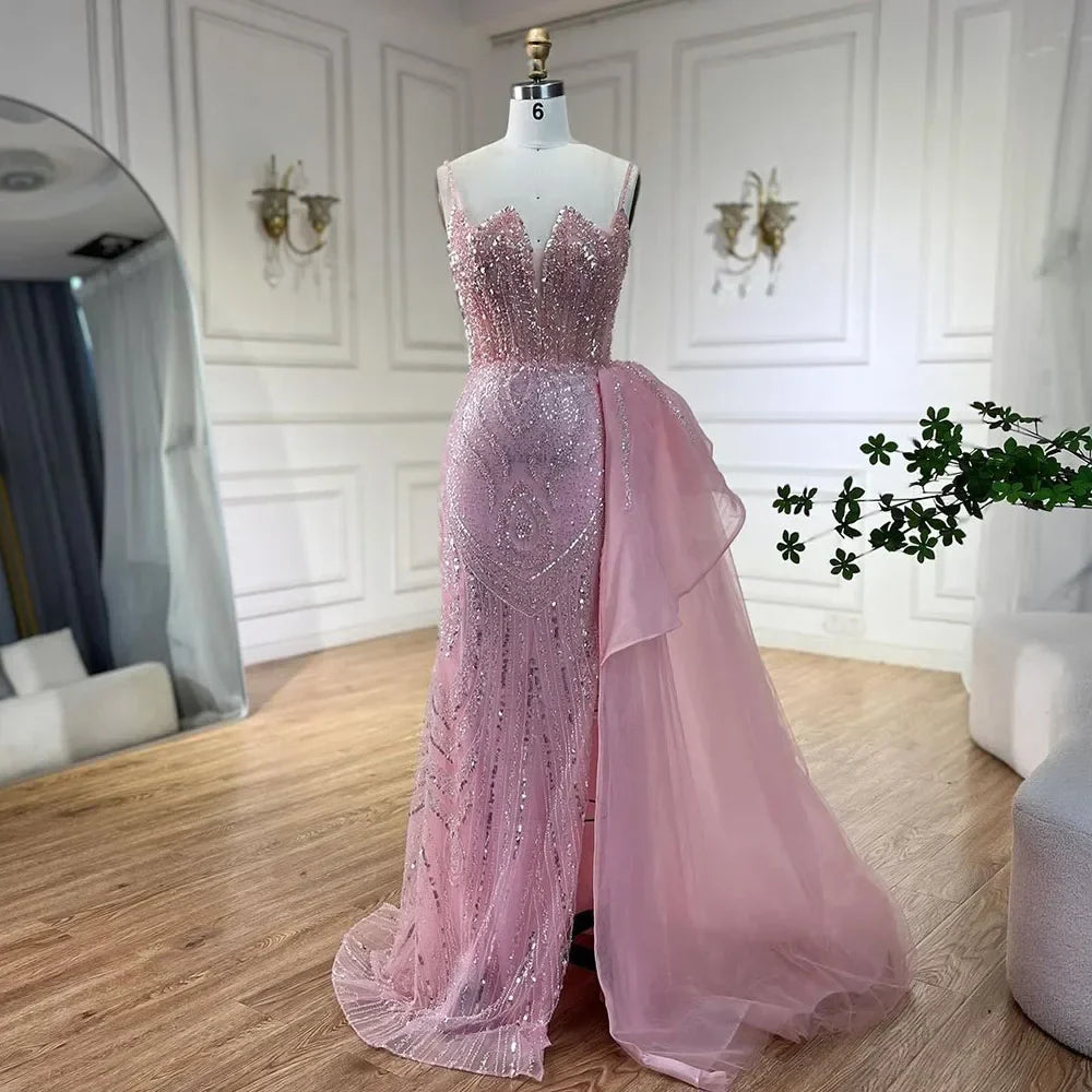 Himmelblau Spaghetti Strap Luxus Abendkleider Kleider 2025 Meerjungfrau Perlen Elegante Überrock Für Frauen Party LA72378