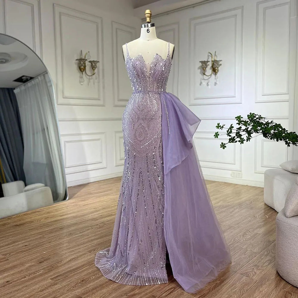 Himmelblau Spaghetti Strap Luxus Abendkleider Kleider 2025 Meerjungfrau Perlen Elegante Überrock Für Frauen Party LA72378