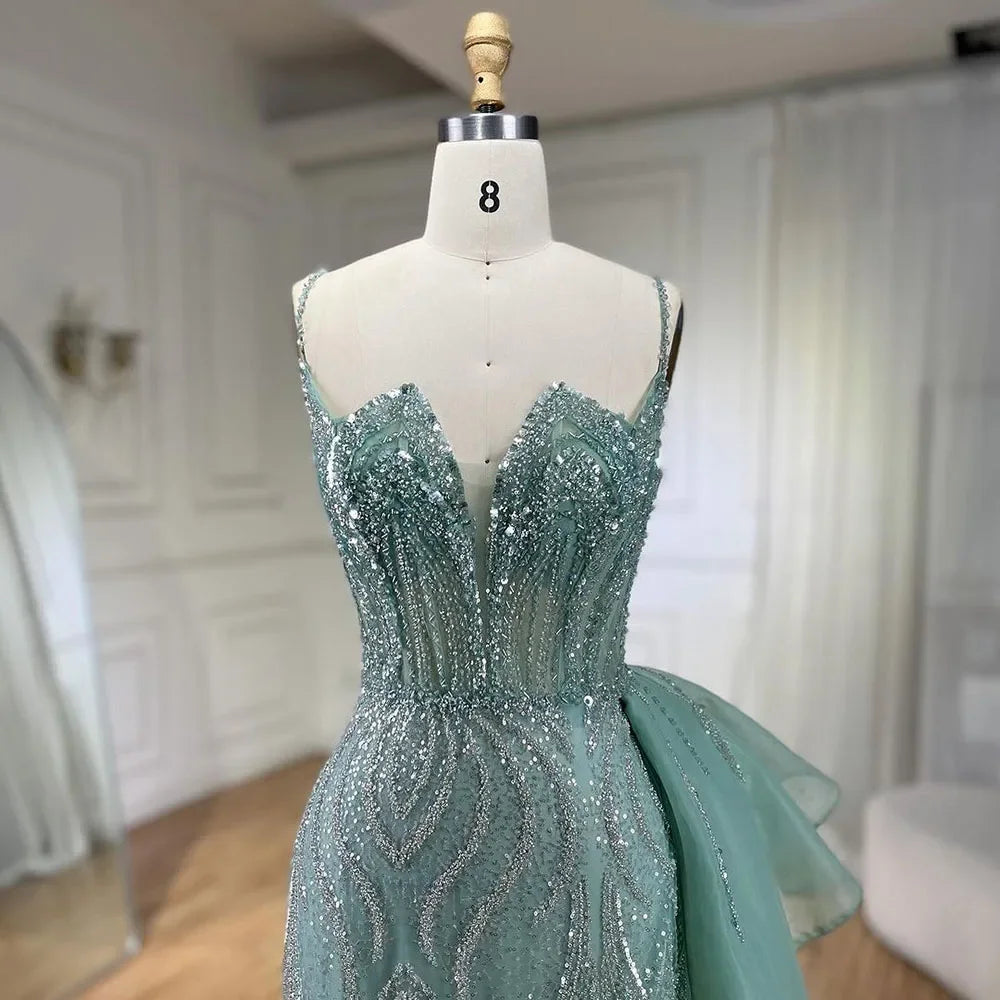 Himmelblau Spaghetti Strap Luxus Abendkleider Kleider 2025 Meerjungfrau Perlen Elegante Überrock Für Frauen Party LA72378
