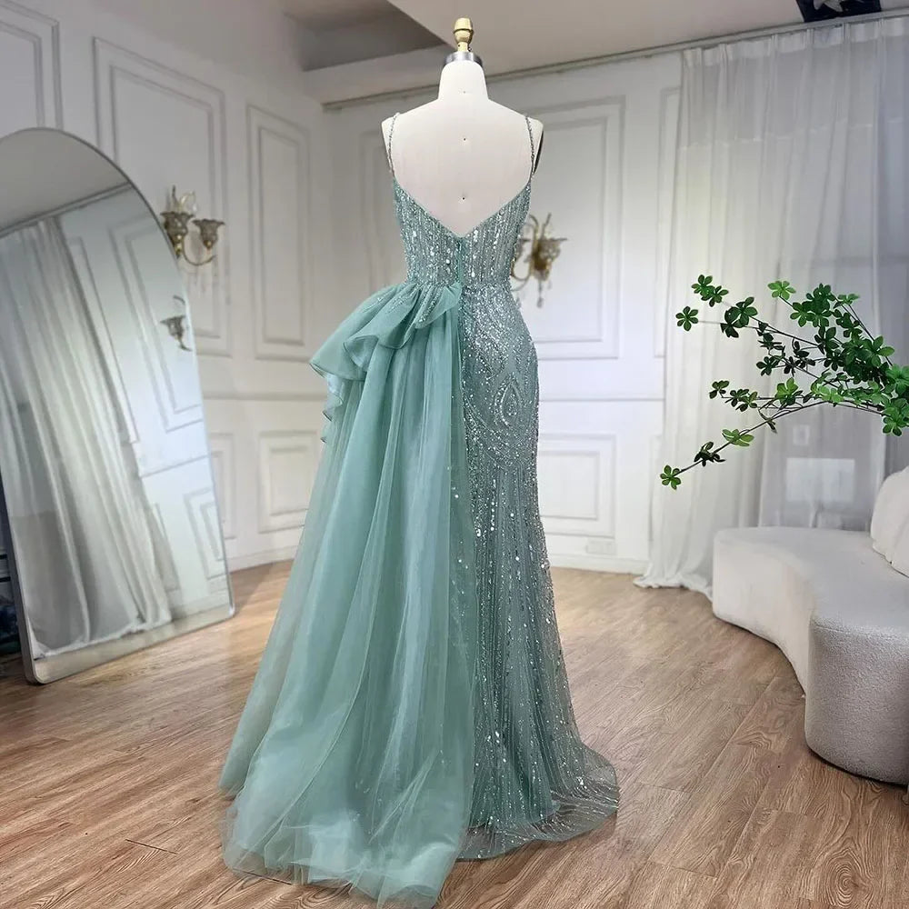 Himmelblau Spaghetti Strap Luxus Abendkleider Kleider 2025 Meerjungfrau Perlen Elegante Überrock Für Frauen Party LA72378
