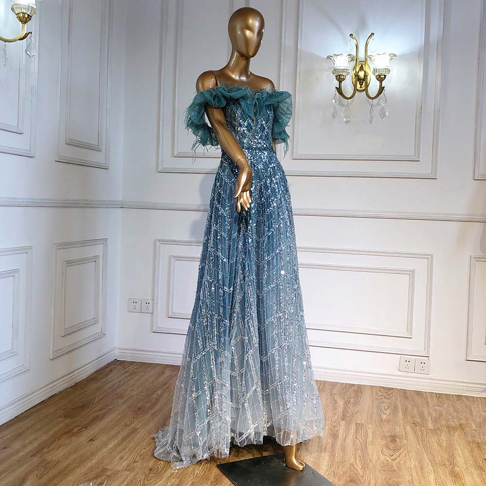 En oferta, sin devolución ni reembolso, vestido de noche turquesa de lujo en forma de A, vestido de novia con plumas y cuentas, para mujer, fiesta LA71497