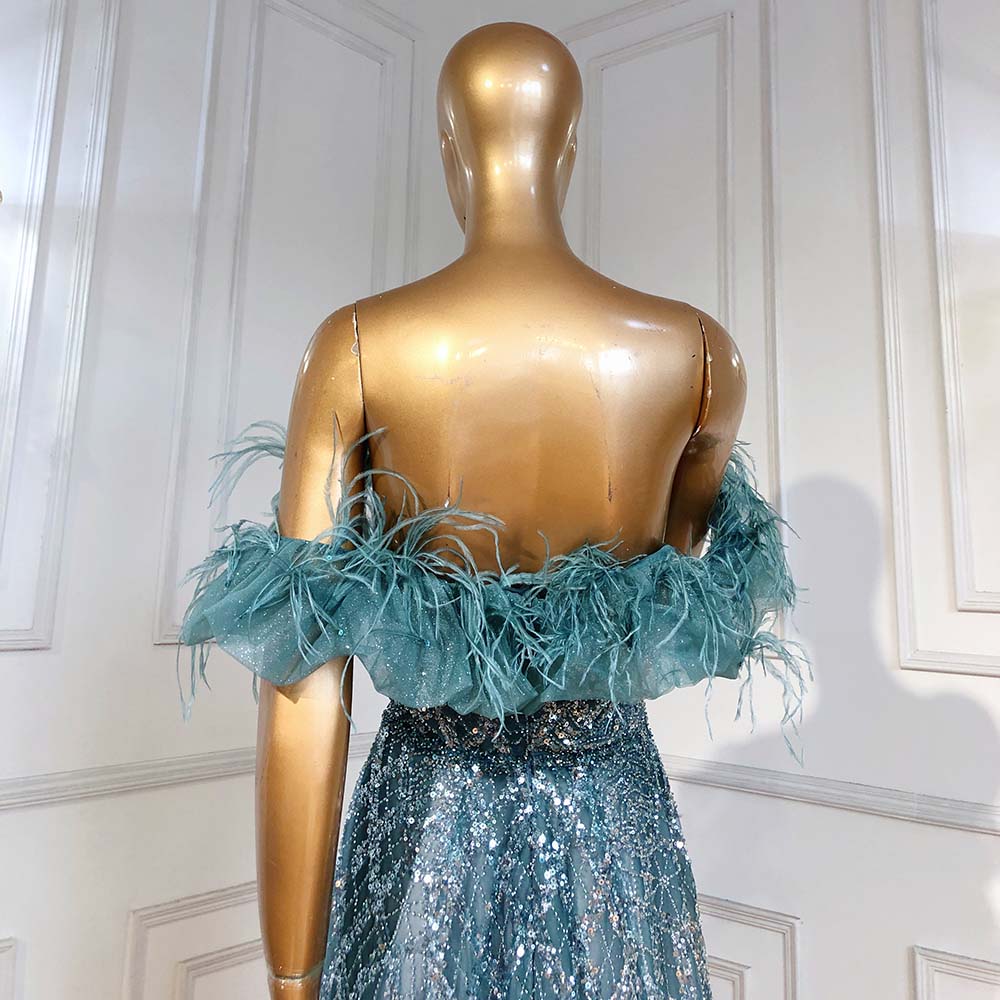 En oferta, sin devolución ni reembolso, vestido de noche turquesa de lujo en forma de A, vestido de novia con plumas y cuentas, para mujer, fiesta LA71497
