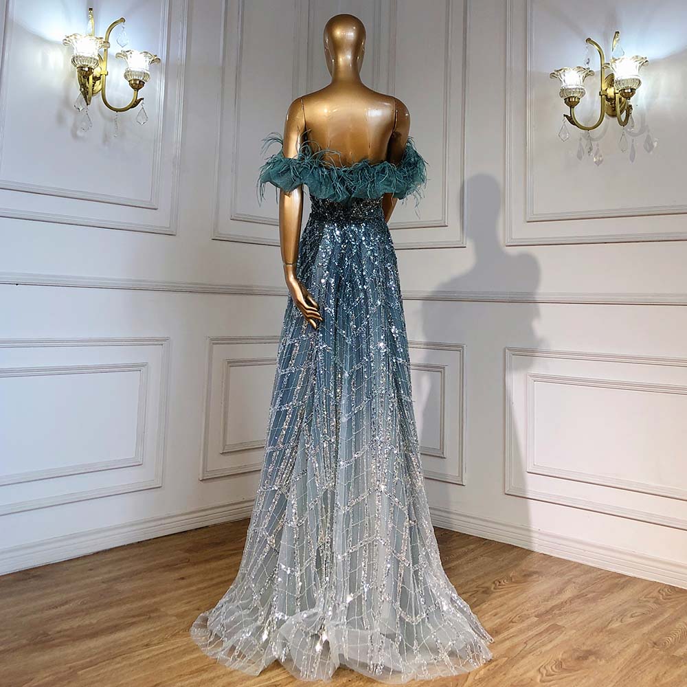 En oferta, sin devolución ni reembolso, vestido de noche turquesa de lujo en forma de A, vestido de novia con plumas y cuentas, para mujer, fiesta LA71497