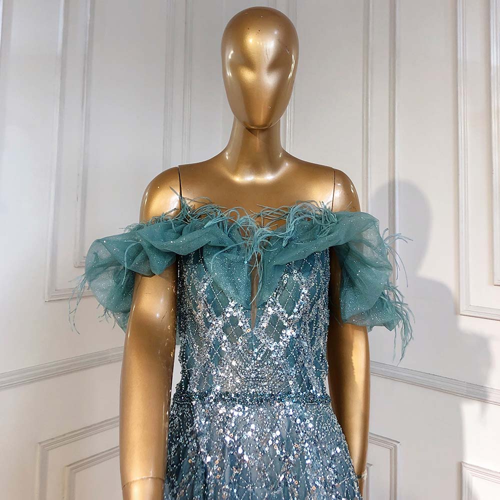En oferta, sin devolución ni reembolso, vestido de noche turquesa de lujo en forma de A, vestido de novia con plumas y cuentas, para mujer, fiesta LA71497