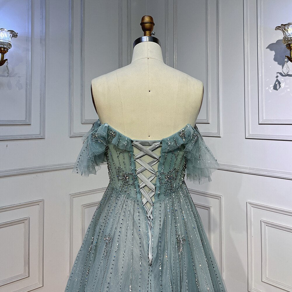 Turquoise Arabic A Line For Wedding Long Luxury 20253 Hand Made Beaded Formal Prom Dress Party Gown LA72064