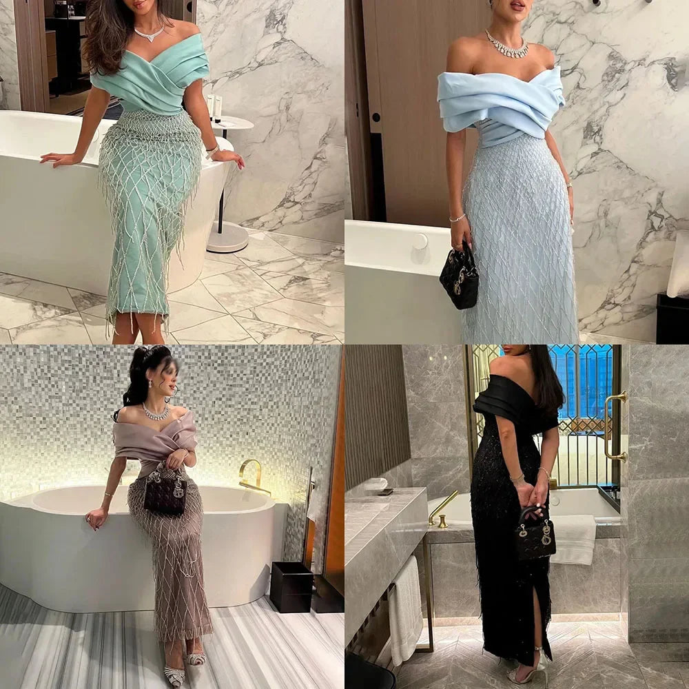 Elegantes schulterfreies Salbeigrünes Dubai Abendkleid für Damen LA72125