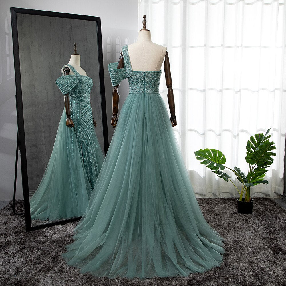 Turquoise High Split Sexy Luxury Beaded 2025 For Woman Party Evening Dresses Gowns Mermaid Elegant LA71651