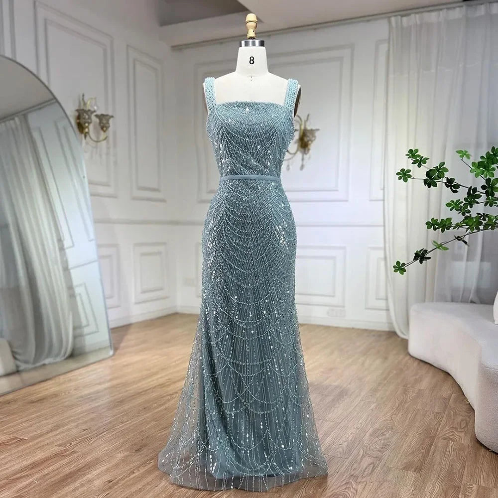 Turquoise Mermaid Beaded Pearls Spaghetti Straps and Floor Length Evening Gown Party Dress for Women 2025 LA72032C