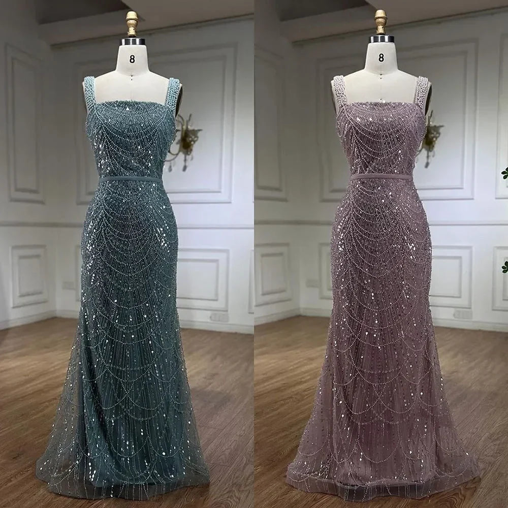 Turquoise Mermaid Beaded Pearls Spaghetti Straps and Floor Length Evening Gown Party Dress for Women 2025 LA72032C